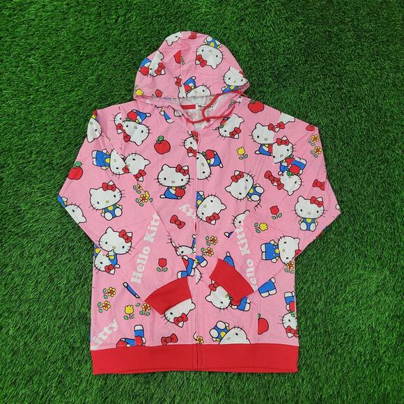 Sanrio Cat Hello-Kitty AOP Zip Hoodie Jacket Womens XL 21x27 Pink Lightweight - Picture 1 of 16
